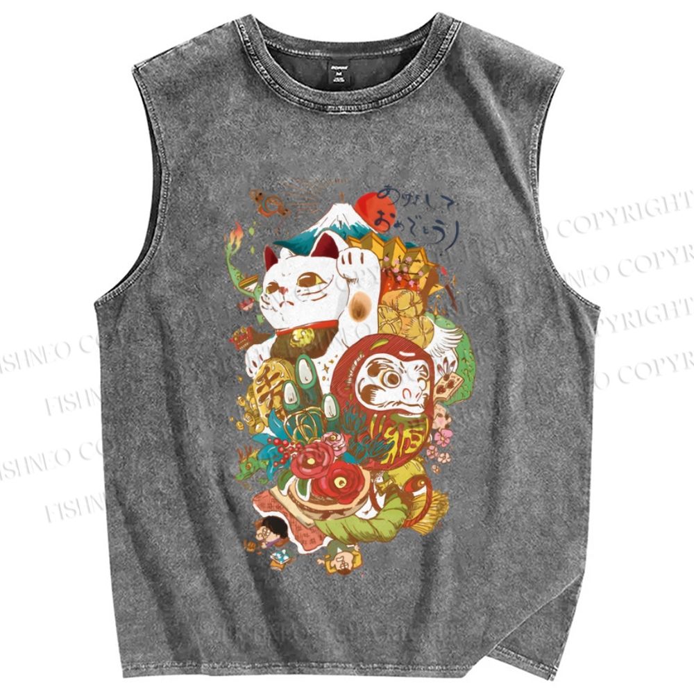 Unisex Vintage Japanese Art Printed Washed Tank Top