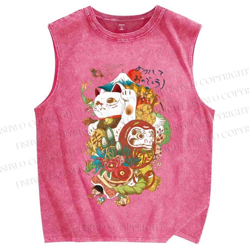 Unisex Vintage Japanese Art Printed Washed Tank Top