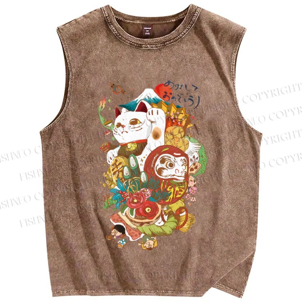 Unisex Vintage Japanese Art Printed Washed Tank Top