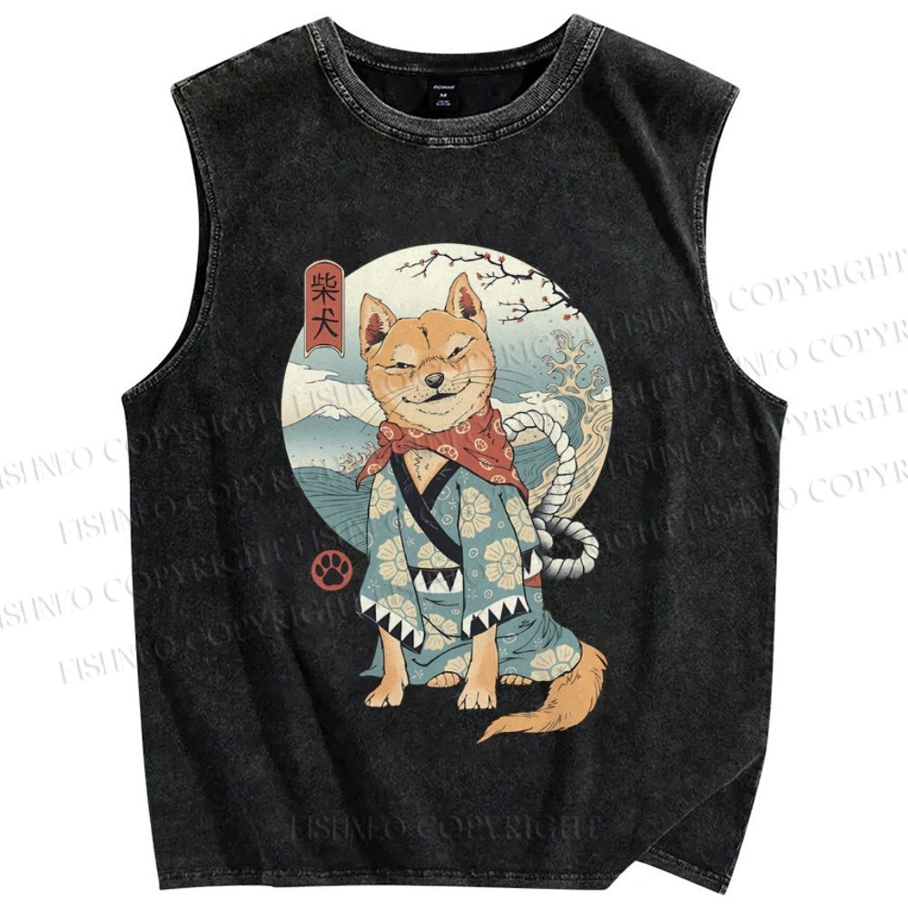 Unisex Vintage Japanese Shiba Dog Printed Washed Tank Top