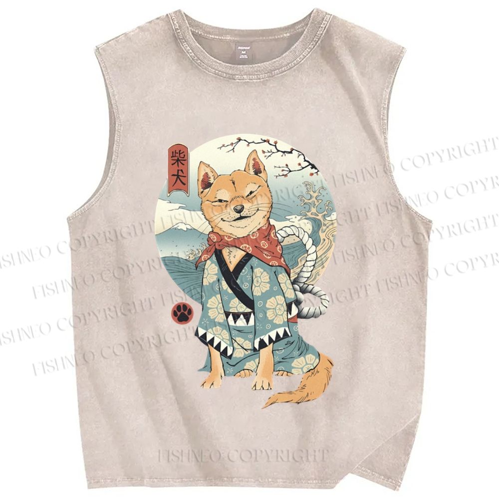 Unisex Vintage Japanese Shiba Dog Printed Washed Tank Top