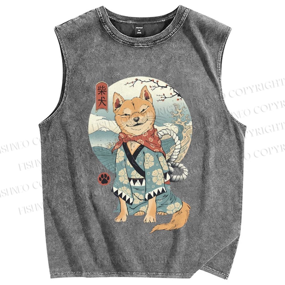 Unisex Vintage Japanese Shiba Dog Printed Washed Tank Top