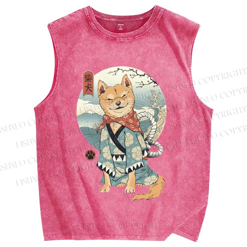 Unisex Vintage Japanese Shiba Dog Printed Washed Tank Top
