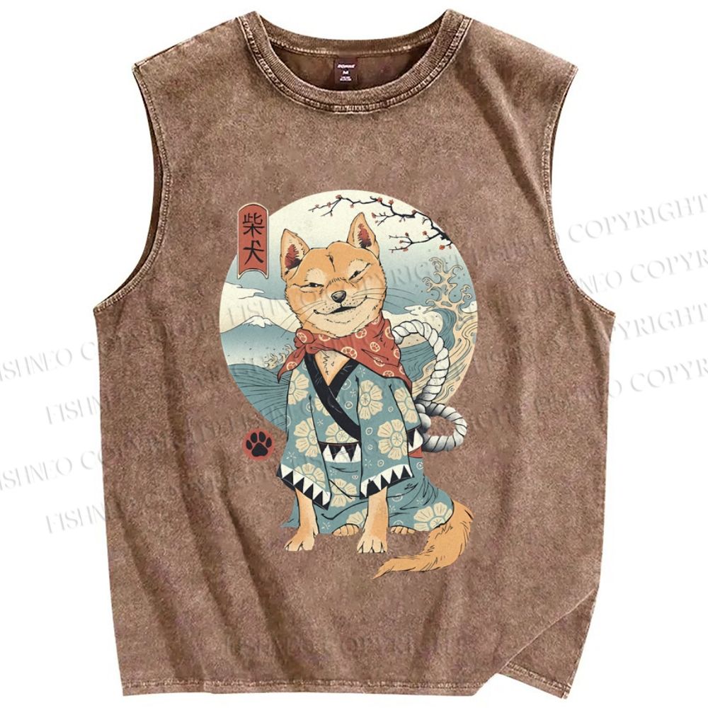 Unisex Vintage Japanese Shiba Dog Printed Washed Tank Top