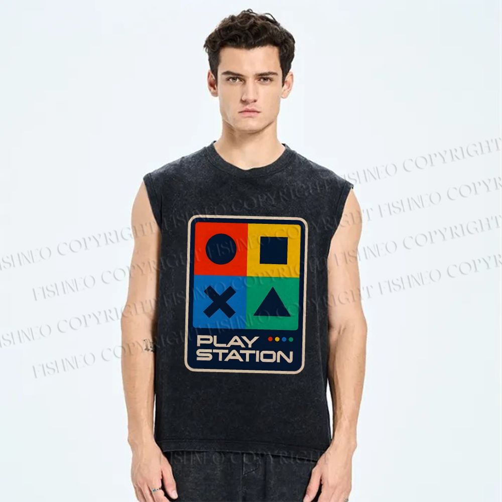 Unisex Play Station Printed Washed Tank Top