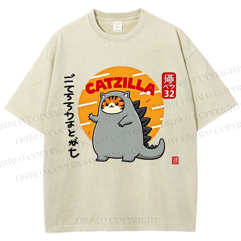 Unisex Catzilla Printed Washed Tee