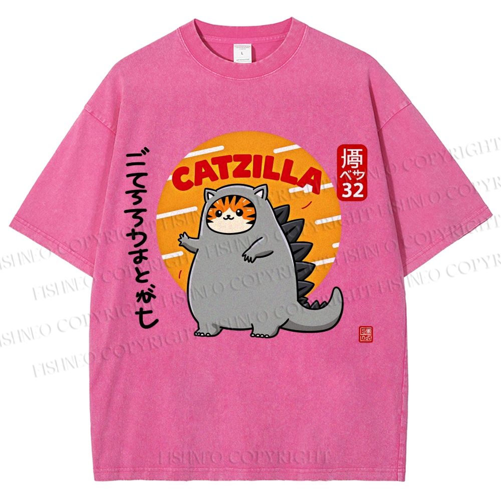Unisex Catzilla Printed Washed Tee