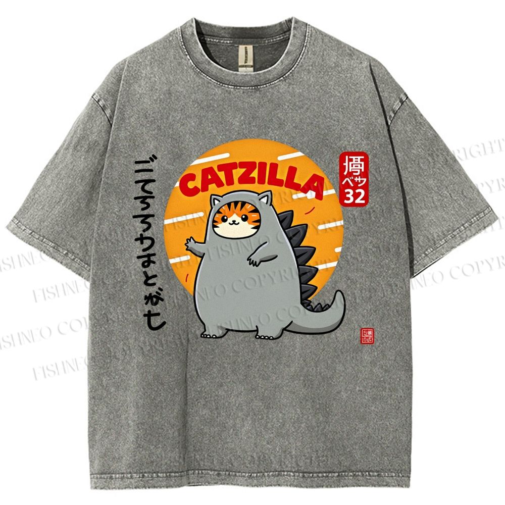Unisex Catzilla Printed Washed Tee