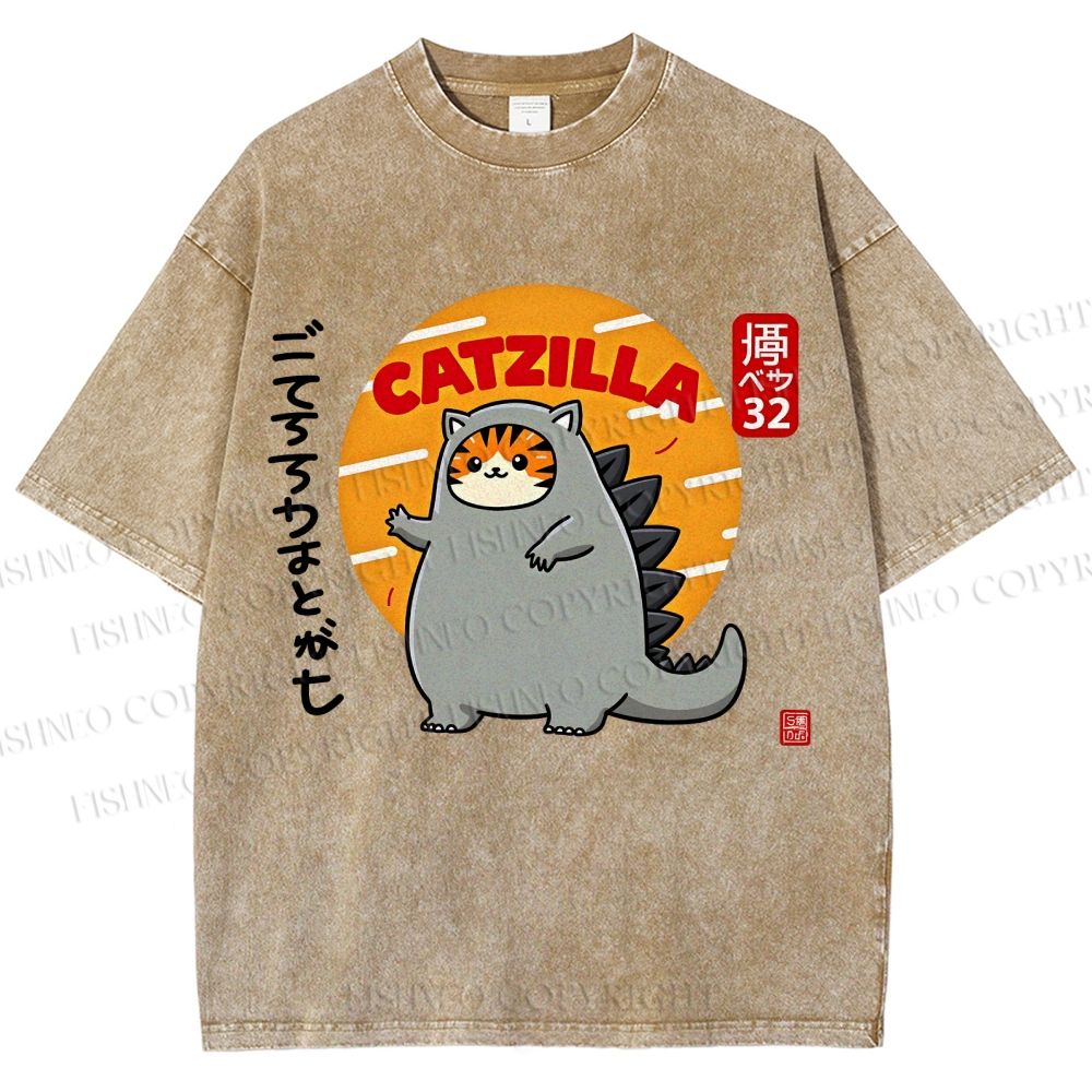 Unisex Catzilla Printed Washed Tee