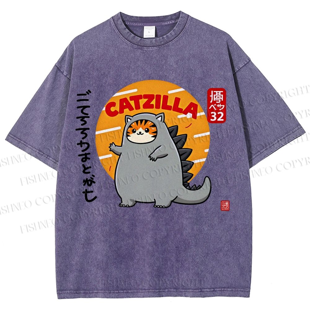 Unisex Catzilla Printed Washed Tee