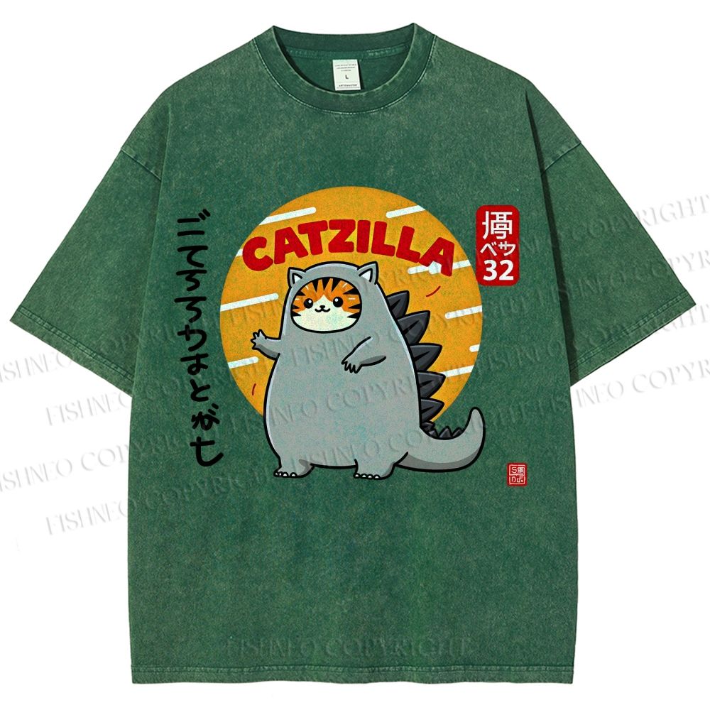 Unisex Catzilla Printed Washed Tee