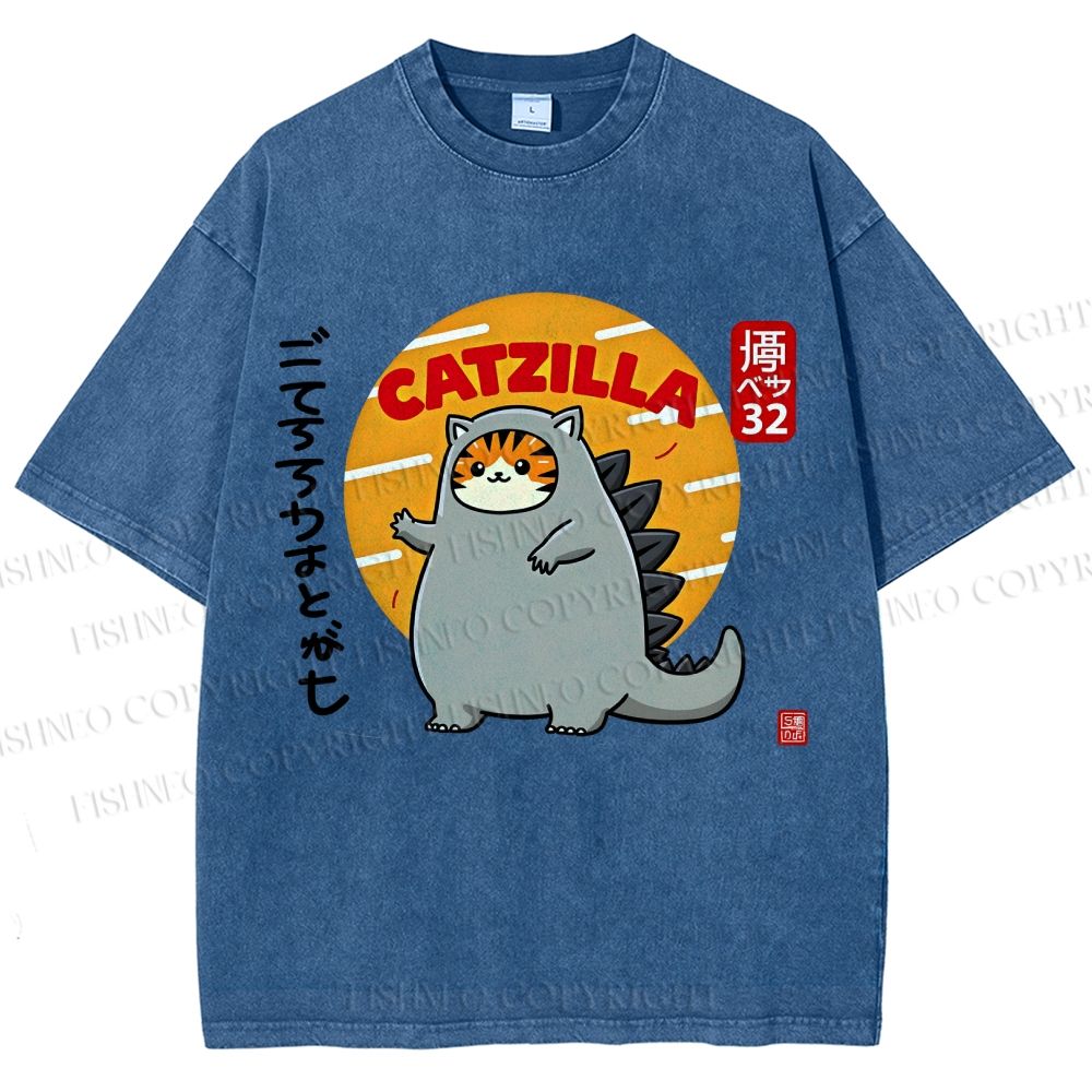 Unisex Catzilla Printed Washed Tee