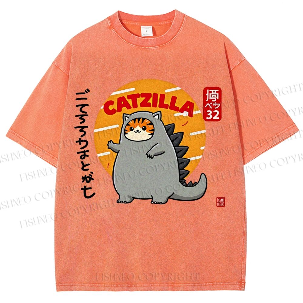 Unisex Catzilla Printed Washed Tee