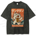 Unisex Wave Lucky Cat Printed Washed Tee