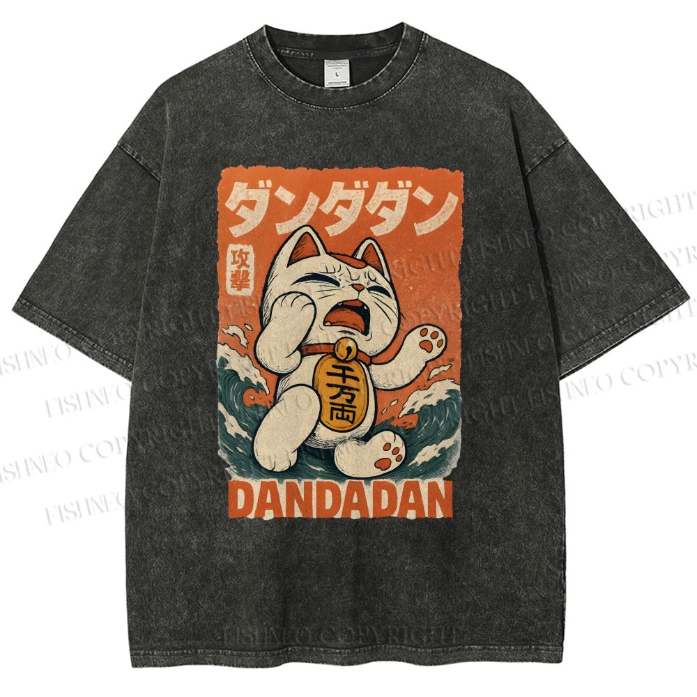 Unisex Wave Lucky Cat Printed Washed Tee
