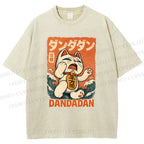Unisex Wave Lucky Cat Printed Washed Tee