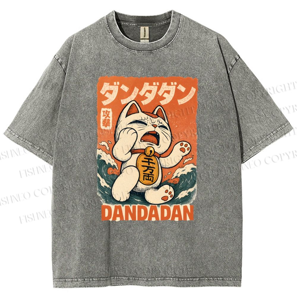Unisex Wave Lucky Cat Printed Washed Tee