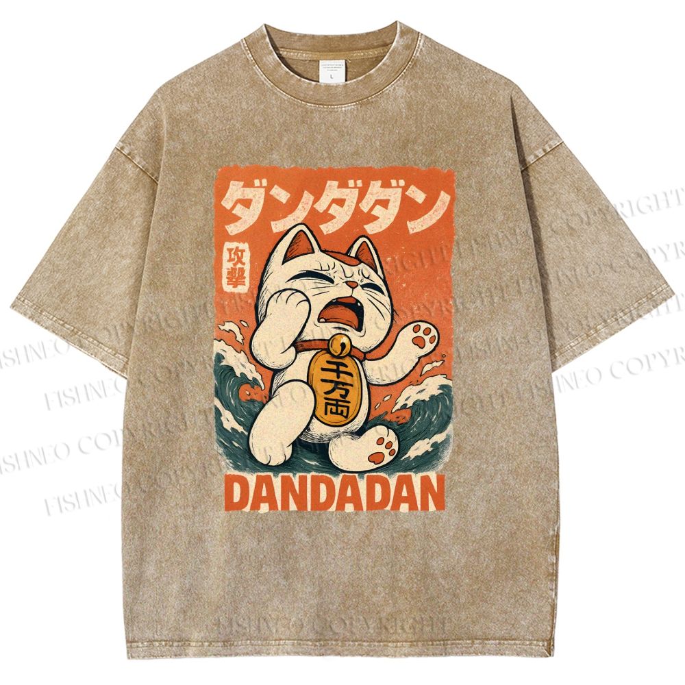 Unisex Wave Lucky Cat Printed Washed Tee
