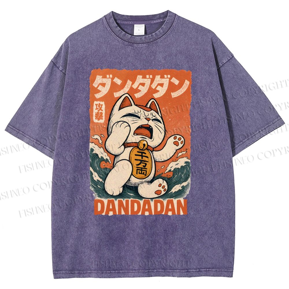 Unisex Wave Lucky Cat Printed Washed Tee