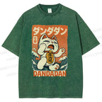 Unisex Wave Lucky Cat Printed Washed Tee