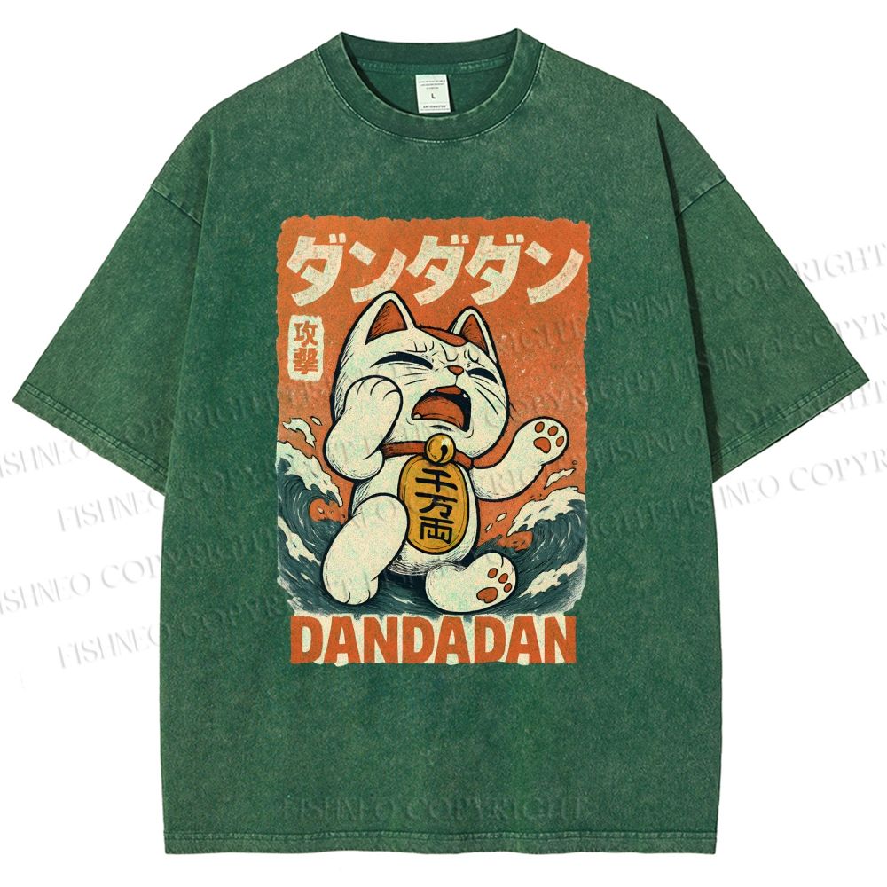 Unisex Wave Lucky Cat Printed Washed Tee