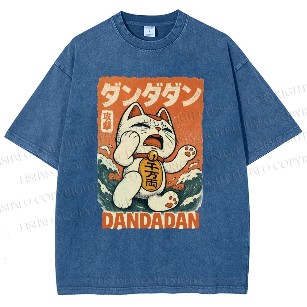 Unisex Wave Lucky Cat Printed Washed Tee