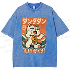 Unisex Wave Lucky Cat Printed Washed Tee
