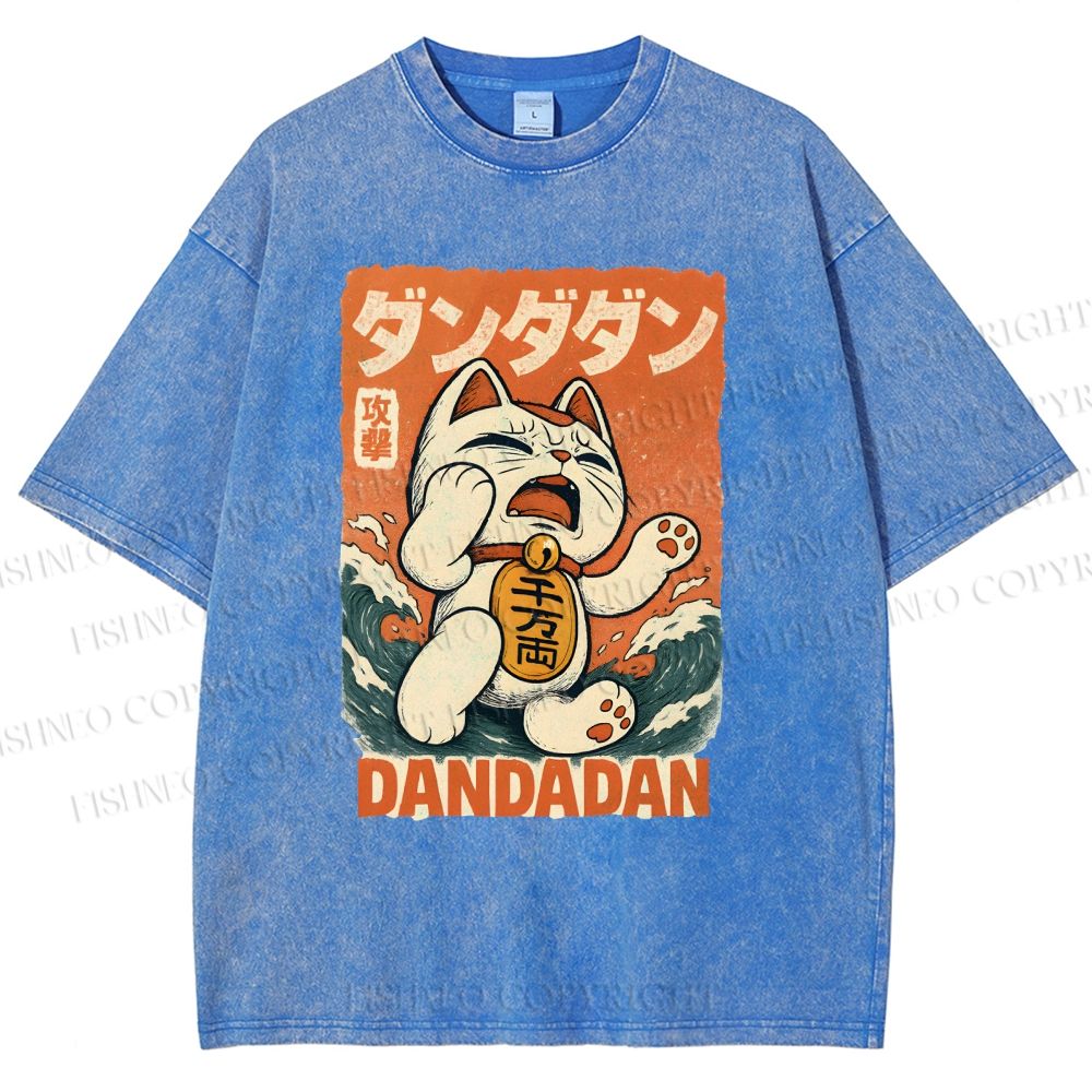 Unisex Wave Lucky Cat Printed Washed Tee