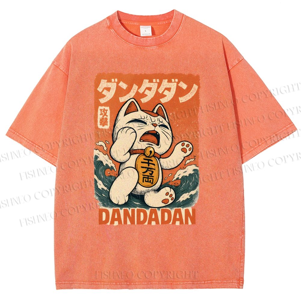 Unisex Wave Lucky Cat Printed Washed Tee