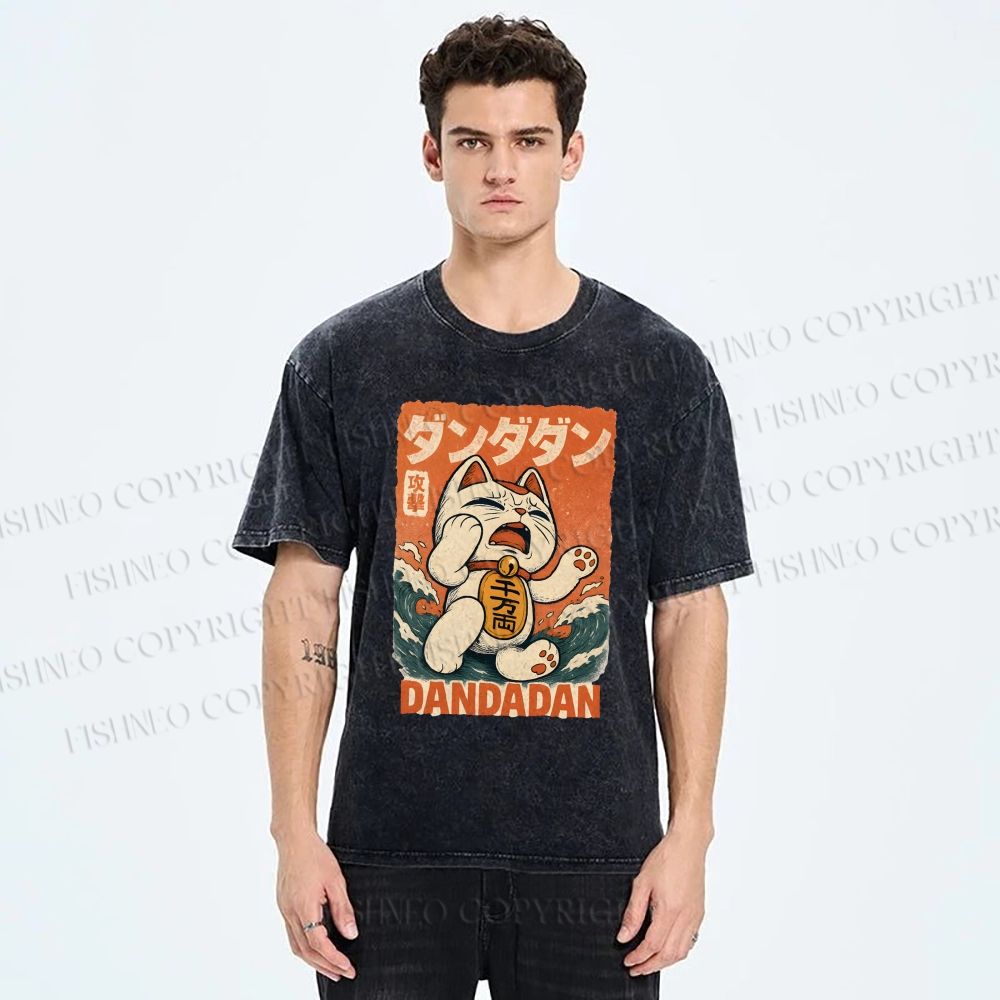 Unisex Wave Lucky Cat Printed Washed Tee