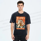 Unisex Wave Lucky Cat Printed Washed Tee