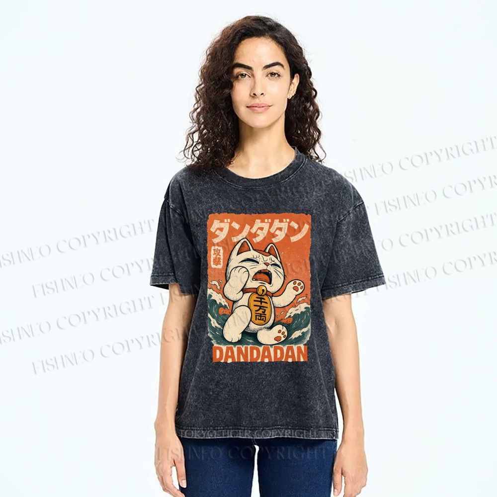 Unisex Wave Lucky Cat Printed Washed Tee