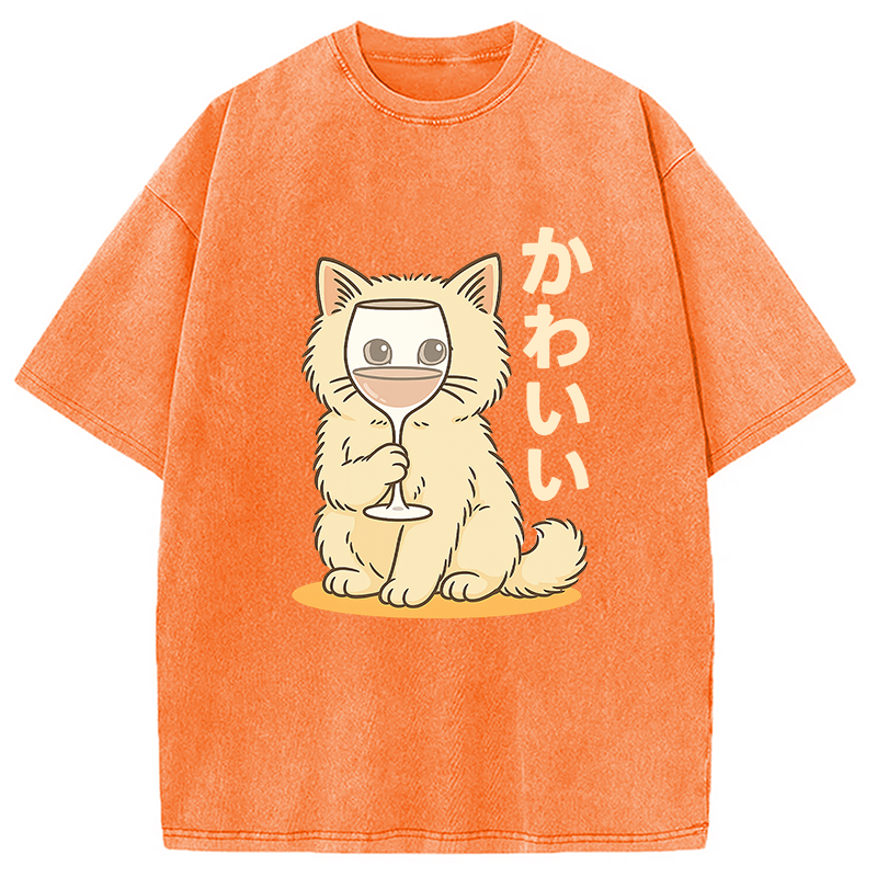 Kawaii Cat with Wine Glass Face Washed T-Shirt