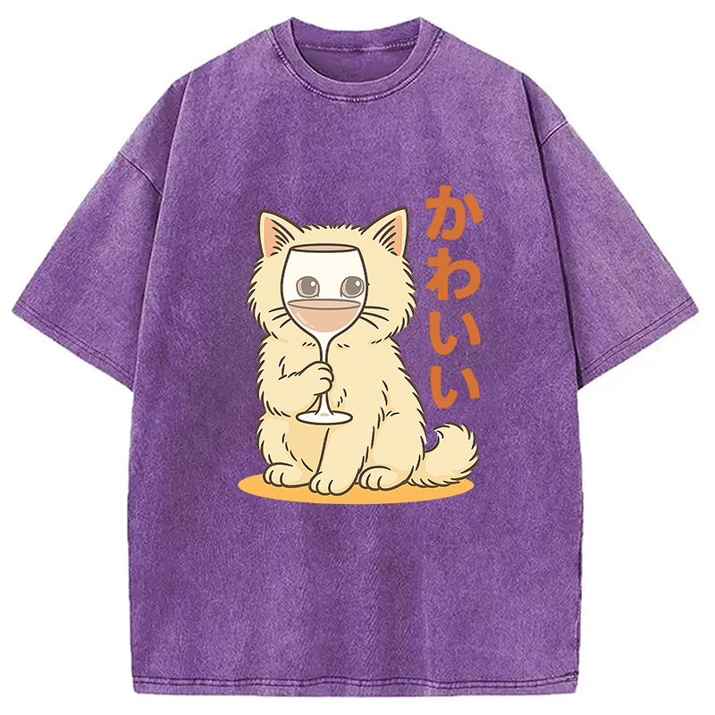 Kawaii Cat with Wine Glass Face Washed T-Shirt