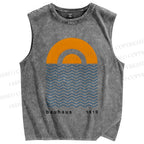 Unisex Geometric Waves Printed Washed Tank Top