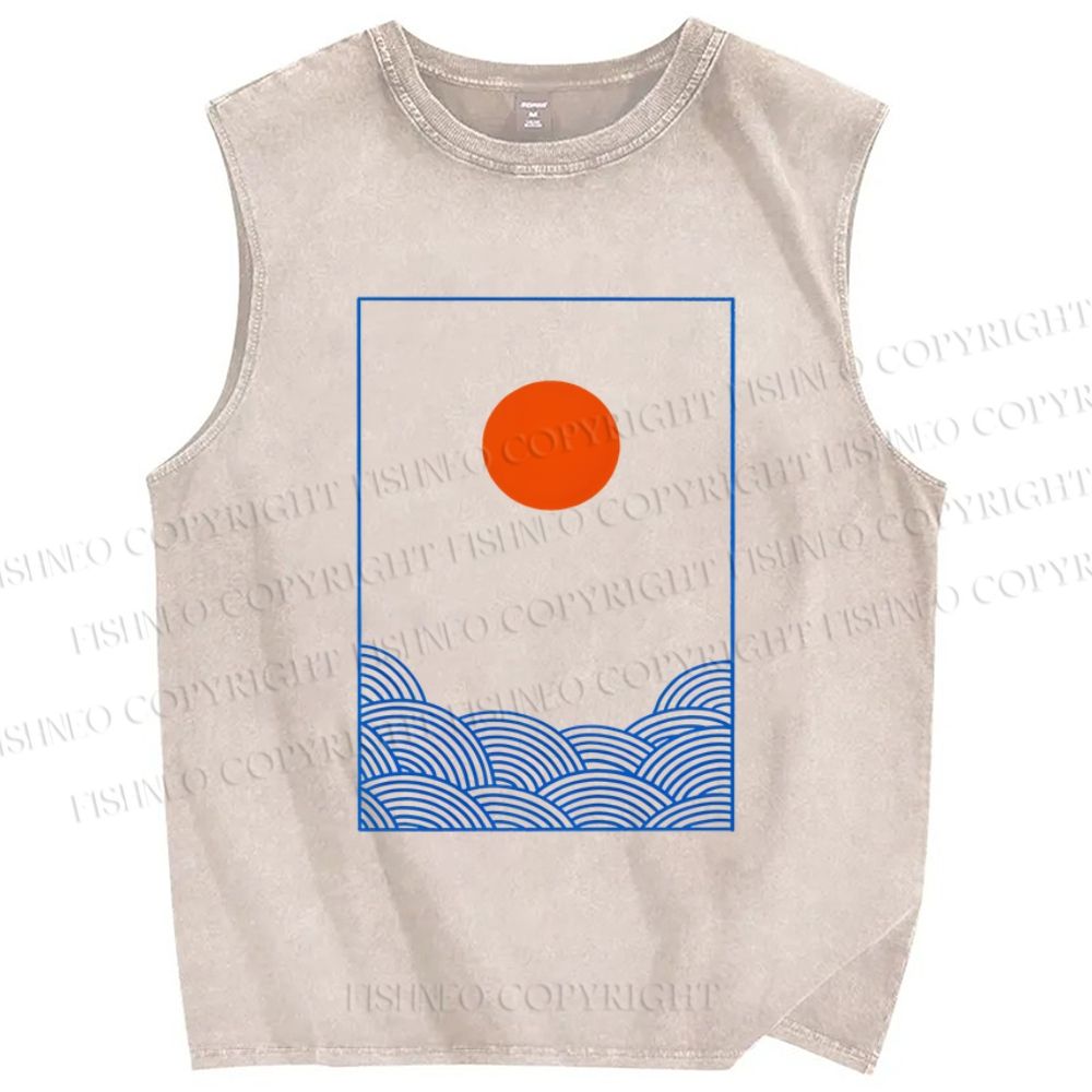 Unisex Sunrise Waves Printed Washed Tank Top