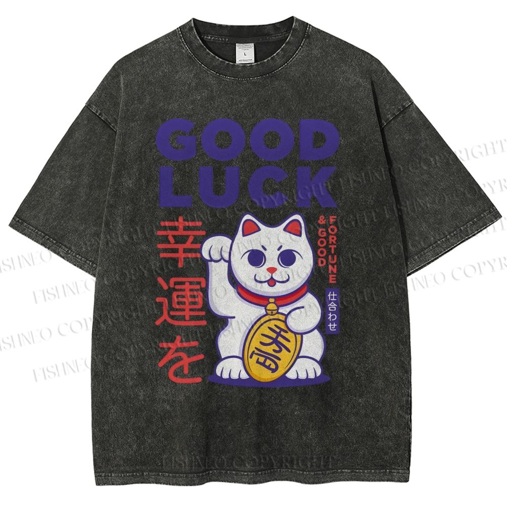 Unisex Lucky Cat Printed Washed Tee