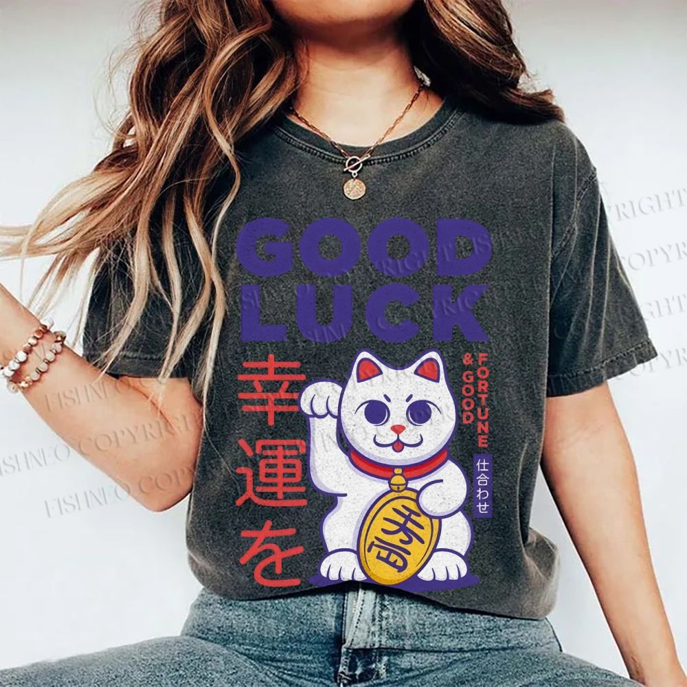 Unisex Lucky Cat Printed Washed Tee