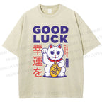 Unisex Lucky Cat Printed Washed Tee