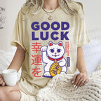 Unisex Lucky Cat Printed Washed Tee