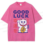 Unisex Lucky Cat Printed Washed Tee
