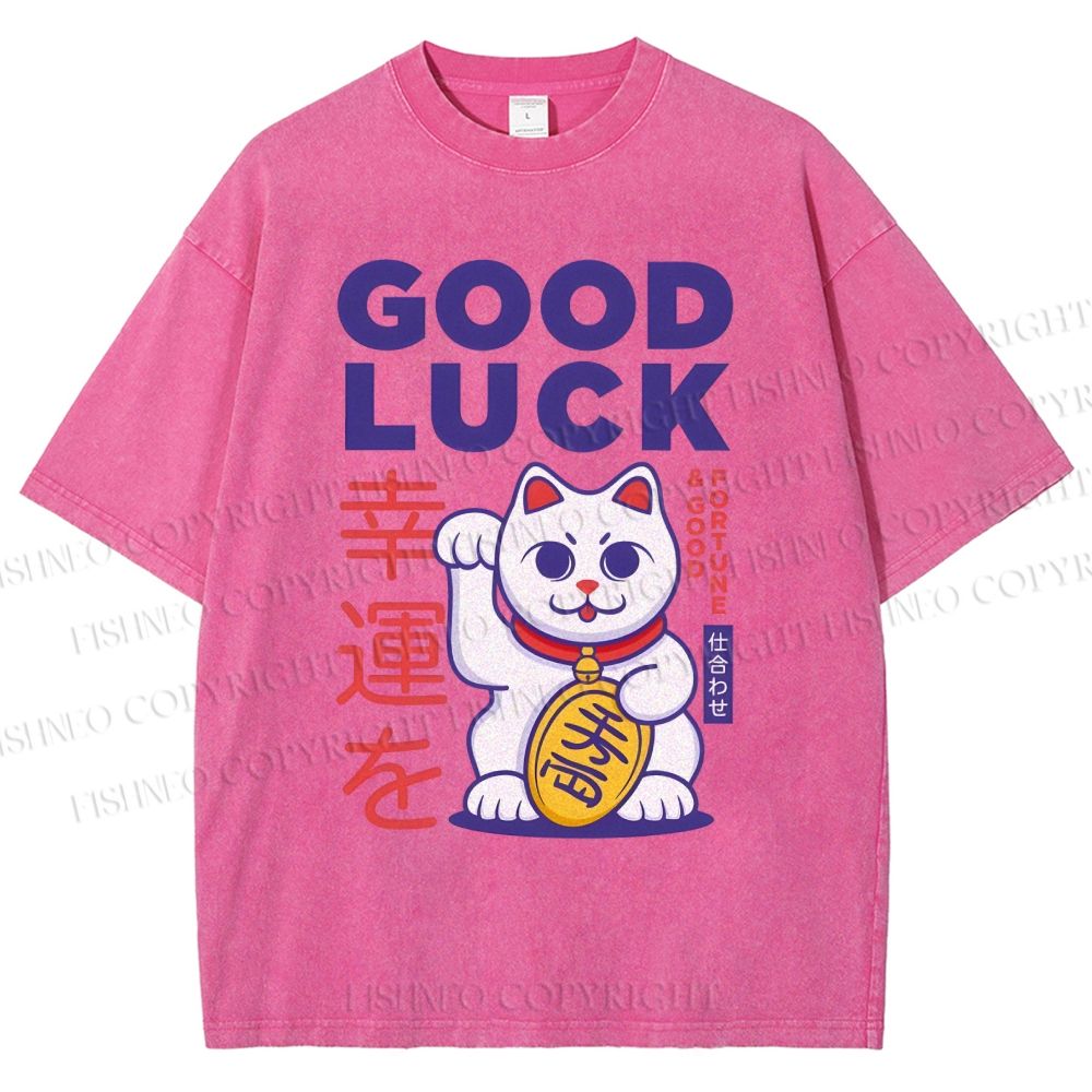 Unisex Lucky Cat Printed Washed Tee