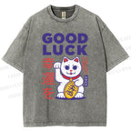 Unisex Lucky Cat Printed Washed Tee