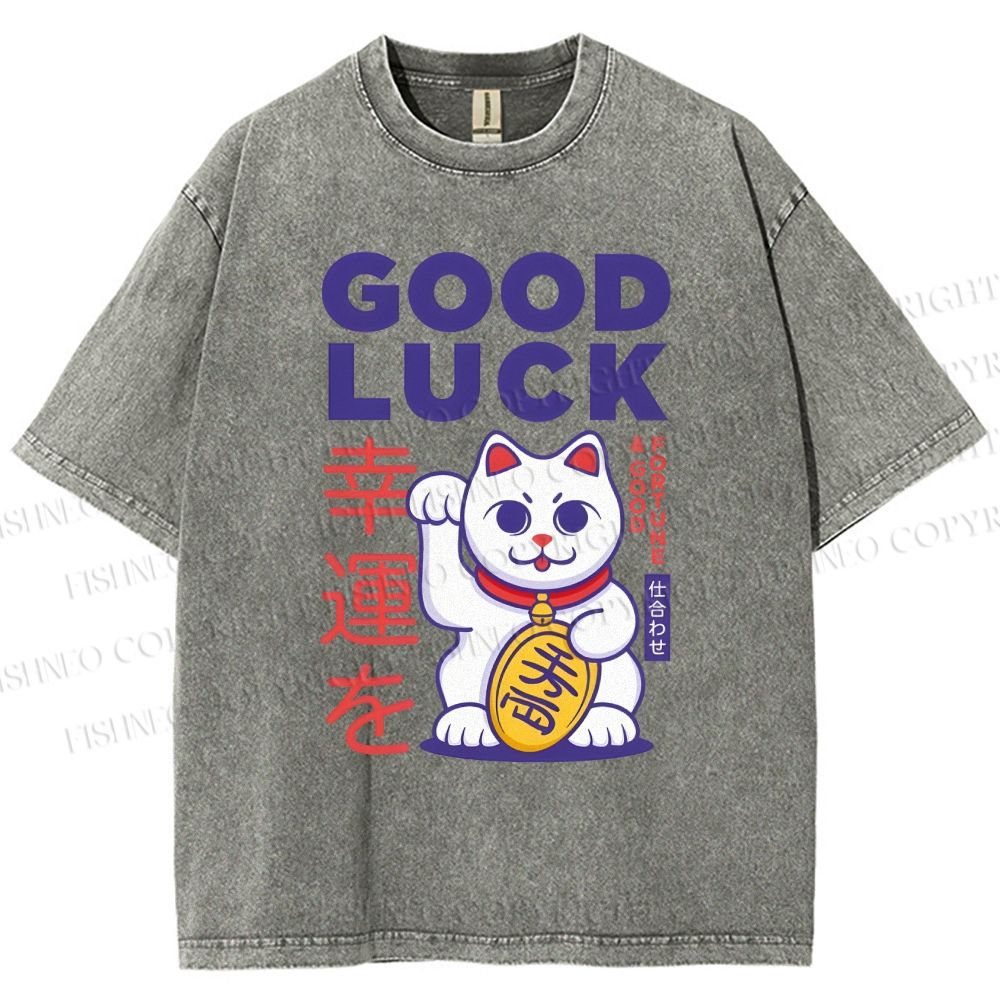 Unisex Lucky Cat Printed Washed Tee