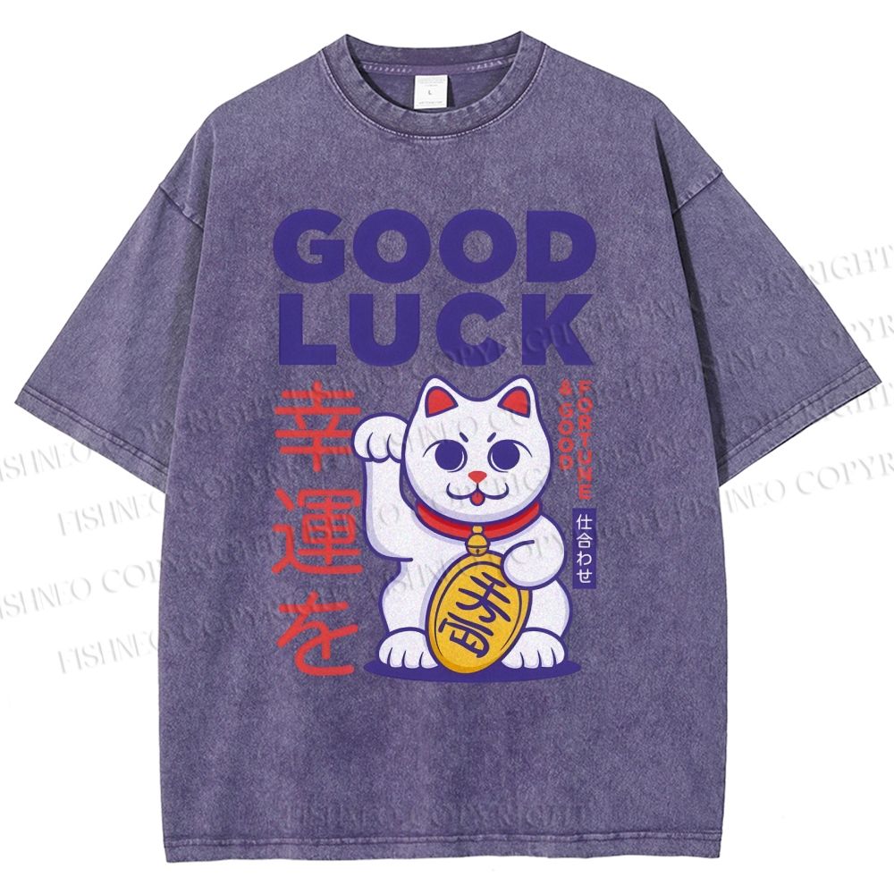 Unisex Lucky Cat Printed Washed Tee