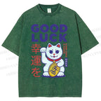 Unisex Lucky Cat Printed Washed Tee