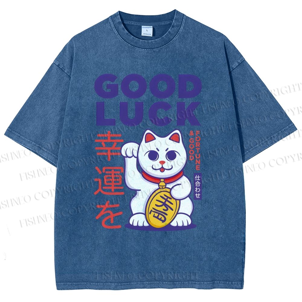 Unisex Lucky Cat Printed Washed Tee