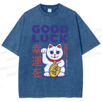 Unisex Lucky Cat Printed Washed Tee