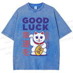 Unisex Lucky Cat Printed Washed Tee
