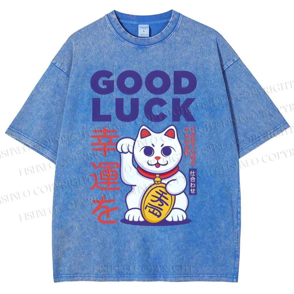 Unisex Lucky Cat Printed Washed Tee